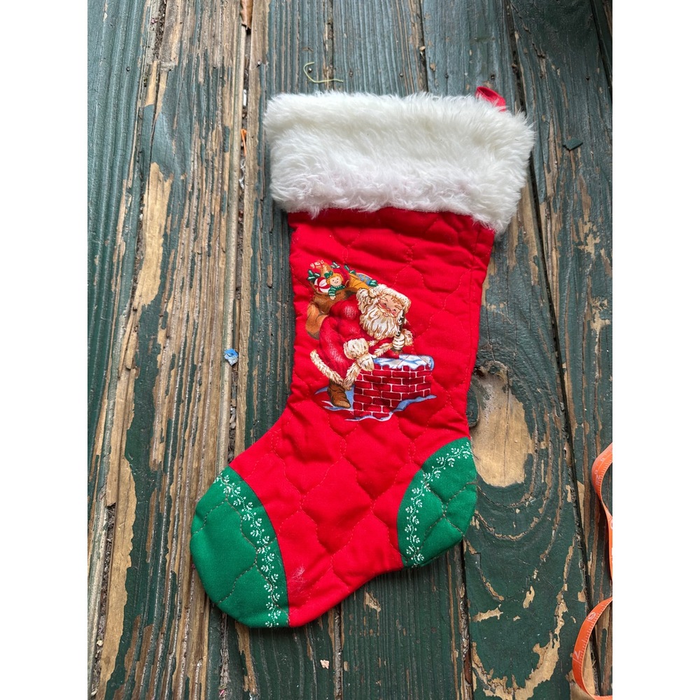 Vintage Quilted Santa Claus Christmas Stocking Red Green Faux Fur Trim 17 Inch